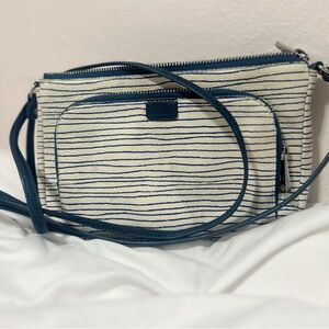 Fossil Blue White Striped Crossbody Bag, Zipper Accent, Silver Hardware